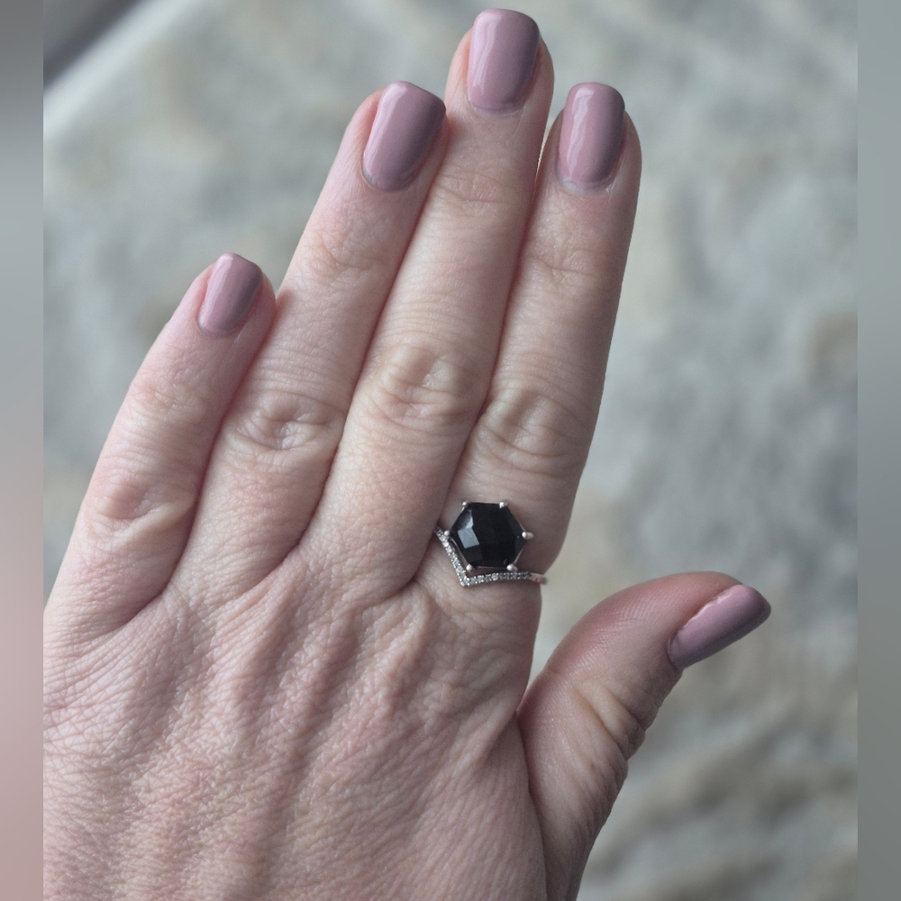 Chic Black and Silver Hexagon Ring